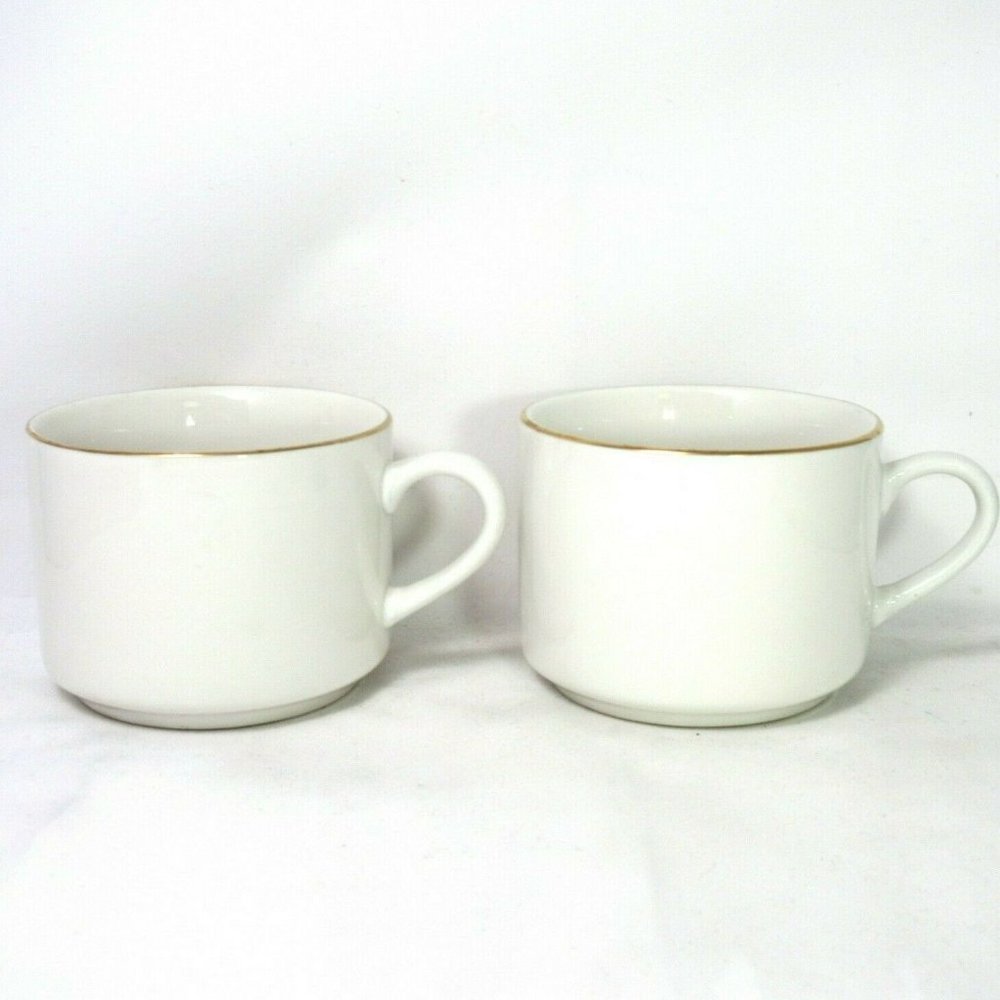 Pair of 2 Robert Stanley Home Collection White w/ Gold Trim 8oz Tea Coffee Cups